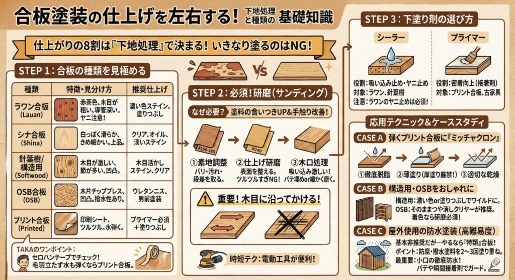 合板塗装の仕上げを左右する下地処理と種類
