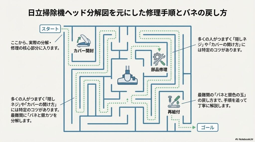 日立掃除機ヘッド分解図を元にした修理手順とバネの戻し方