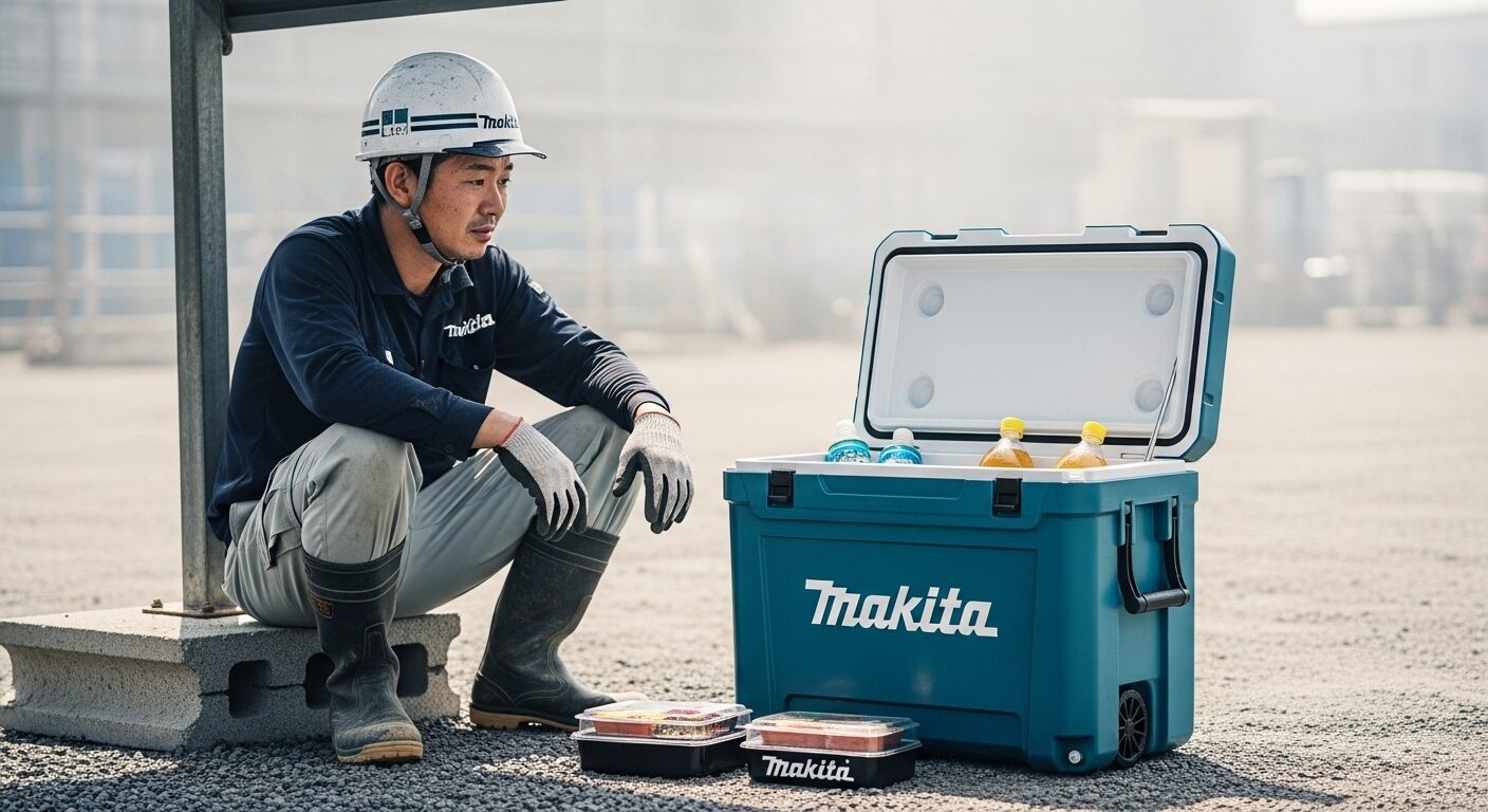 炎天下の建設現場で、マキタの冷温庫が冷えずに困っている様子の日本人作業員。冷温庫と冷たいペットボトルが写っている。