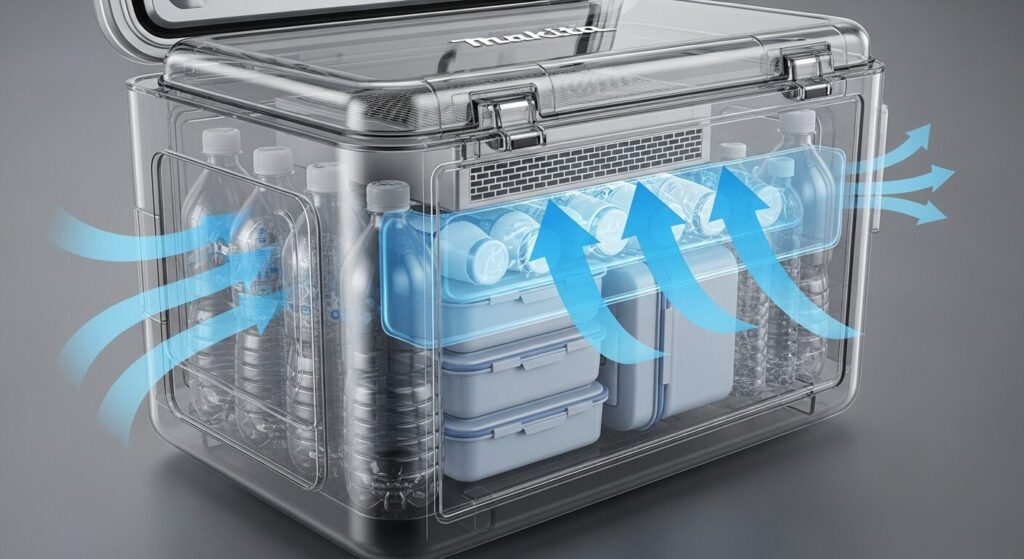 庫内に荷物を詰め込みすぎ、冷気の吹き出し口が塞がれて冷気が循環しない状態を示すイラスト。