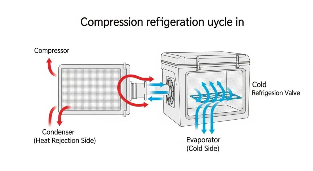 コンプレッサー式冷却システムの主要な構成要素(圧縮機、凝縮器、膨張弁、蒸発器)と、冷媒ガスによる熱移動の流れを示す簡潔な図。