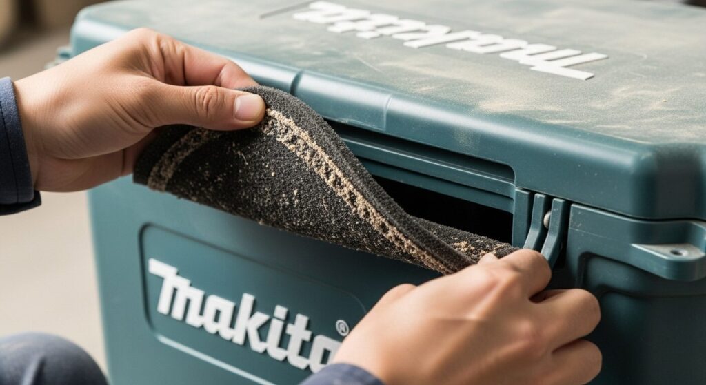 ホコリや木屑で目詰まりしたマキタ冷温庫の吸気口スポンジフィルターを、指で取り外している様子。