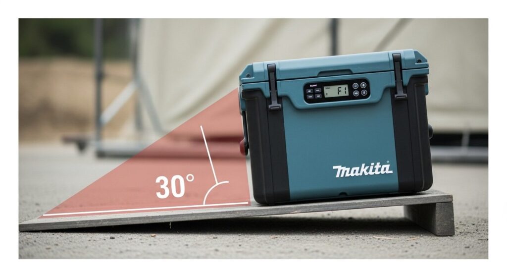 傾斜センサーが作動し、ディスプレイにF1エラーが表示されているマキタの冷温庫。斜面に置かれた状態を示す。