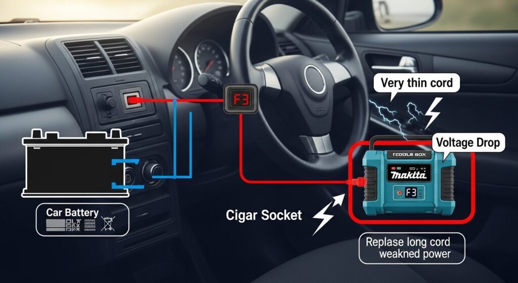 細く長いシガーソケット延長コードの使用により電圧降下が発生し、F3エラーで停止しているマキタ冷温庫を示す図。