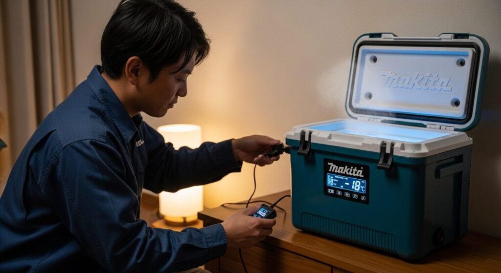 現場に持ち出す前夜、自宅のACコンセントに接続して予冷(事前冷却)を行っているマキタの冷温庫。