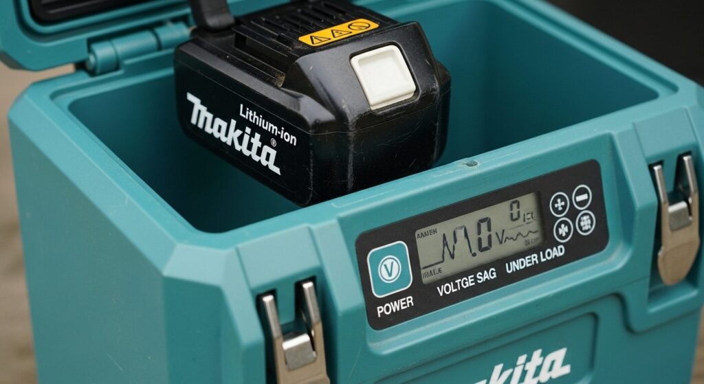 劣化し内部抵抗が高くなった古いリチウムイオンバッテリーと、それを装着したマキタ冷温庫の様子。