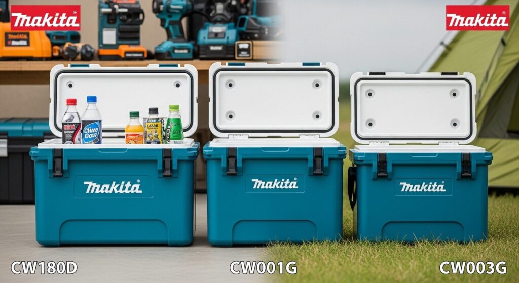マキタの代表的な冷温庫モデル、CW180D(18V)、CW001G(40Vmax/20L)、CW003G(7L)のサイズを比較した画像。