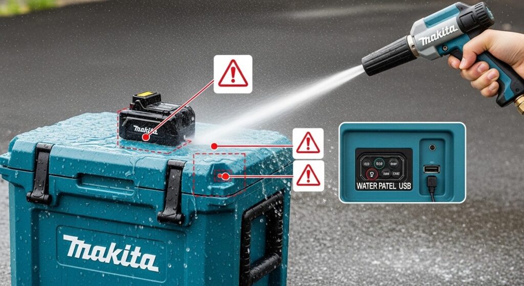 IPX4の防滴性能しかないマキタ冷温庫に高圧洗浄機で水をかける行為の危険性を示すイラスト。