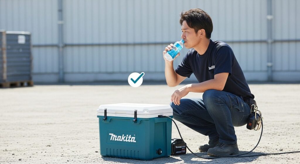 適切にメンテナンスされ、風通しの良い日陰に置かれたマキタの冷温庫から冷たい飲み物を取り出し、快適な休憩時間を過ごす日本人作業員。