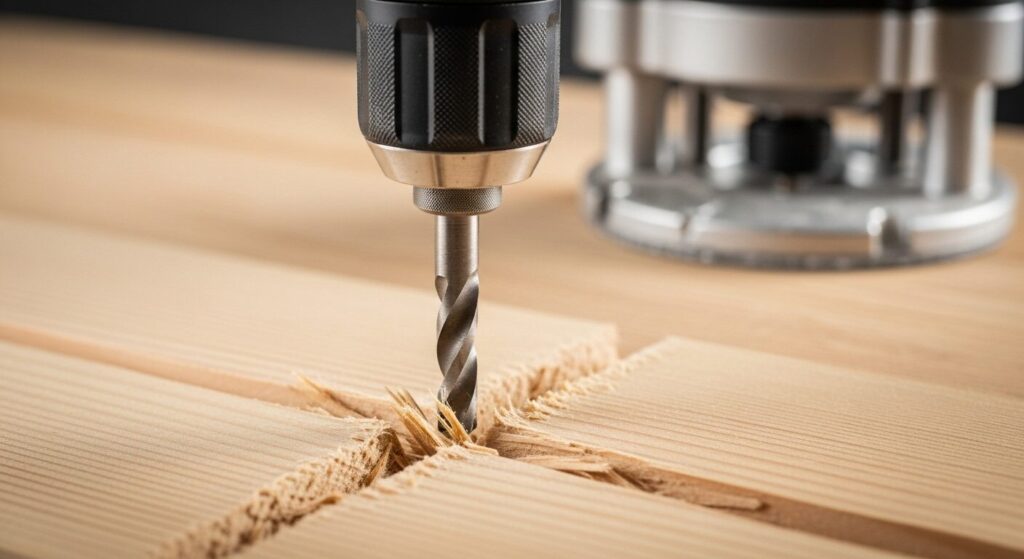 インパクトドライバーで木材に横向きに溝を掘ろうとし、ビットが傾き、木材の表面が荒れて危険な状態を表す接写画像。