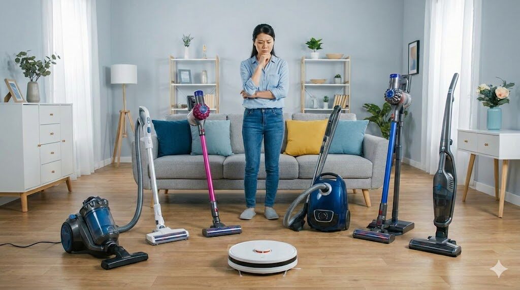 多種類の掃除機を前に腕組みをして悩む女性。後悔しないための掃除機選びの重要性を表現。