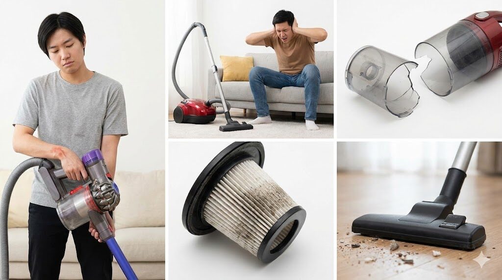 重い本体による手首の痛み、騒音、破損、フィルター詰まり、吸わないヘッドなど、避けるべき掃除機の共通点を示すコラージュ。