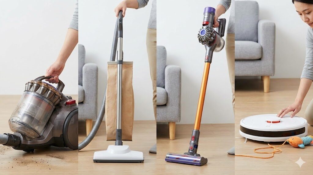 サイクロン式のゴミ捨て時の粉塵、紙パック式、コードレス、ロボット掃除機のトラブルなど、タイプごとの欠点を比較。