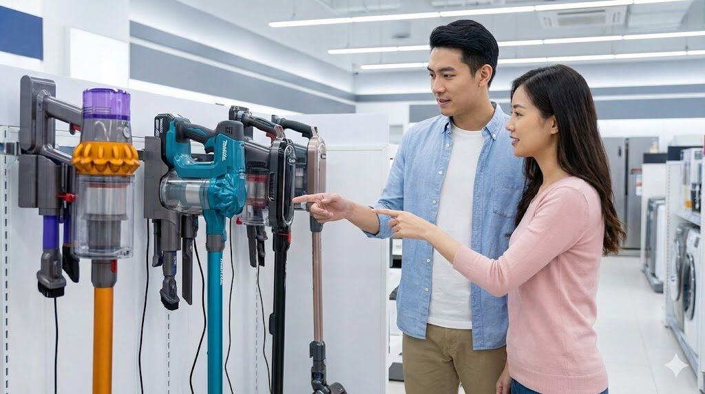 家電量販店でダイソンやマキタのような人気メーカーのコードレス掃除機を比較検討しているカップル。