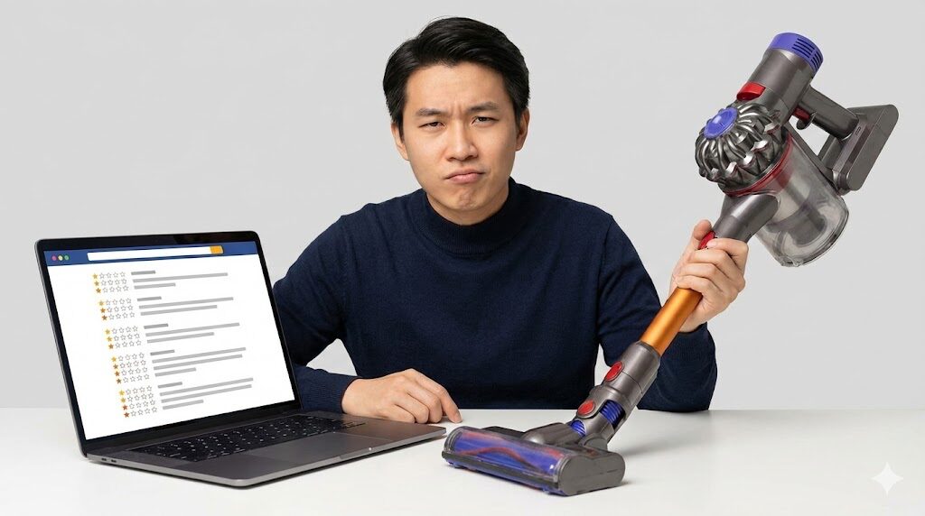 パソコン画面で低評価の口コミレビューを確認しながら、手にした掃除機に不満な表情を浮かべる男性。