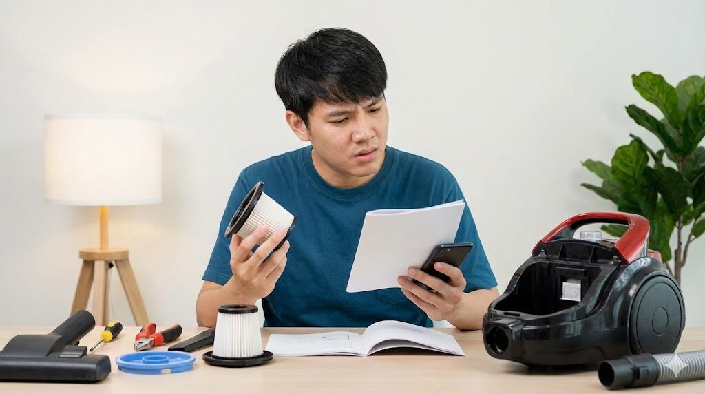 掃除機のフィルターと取扱説明書を手に持ち、メンテナンスや故障の対応について調べている困った様子の男性。