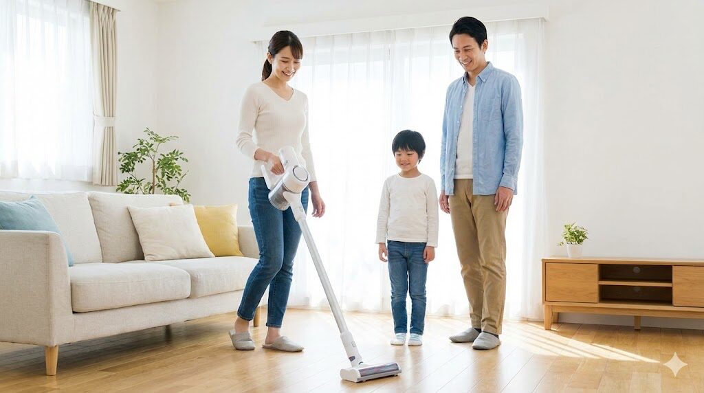 ライフスタイルに合った使いやすい軽量コードレス掃除機を選び、笑顔でリビングを掃除する幸せそうな家族。