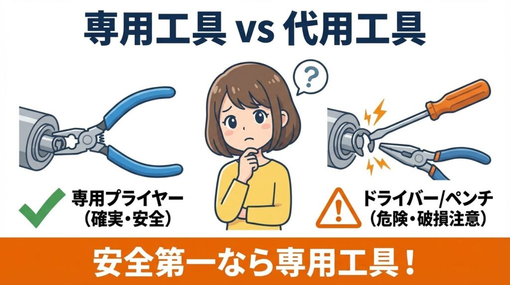 【結論】専用工具がベストだがドライバーやペンチでも代用可能