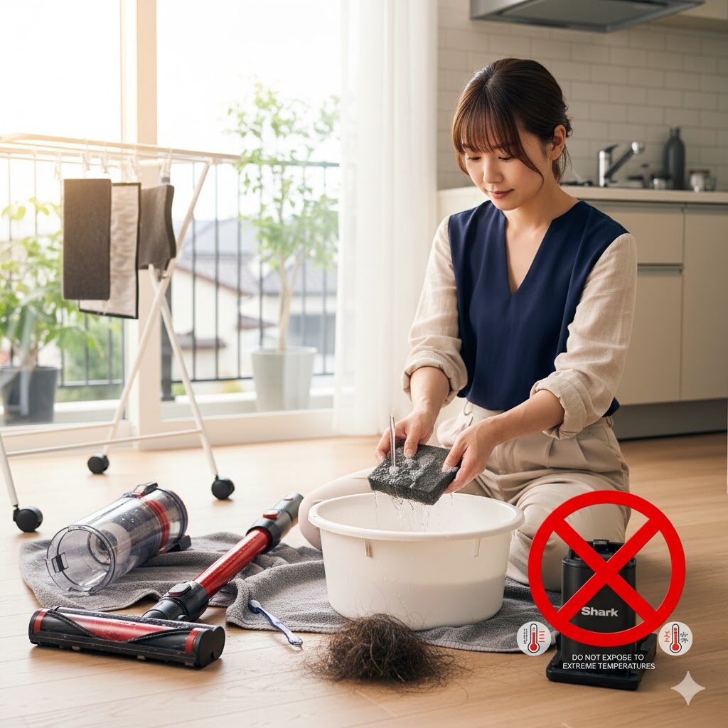 フィルターを水洗いする日本人女性。横にはシャーク掃除機のバッテリーがあり、バツマークで極端な温度での保管が禁止されていることを示す