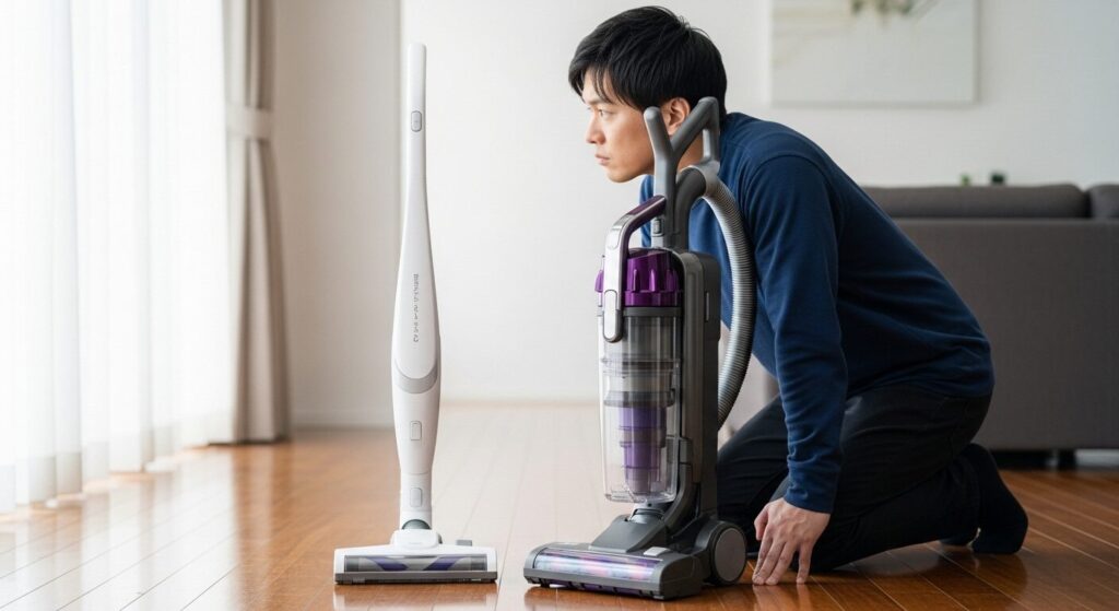 アイリスオーヤマの掃除機と海外メーカーの掃除機を並べて比較している様子