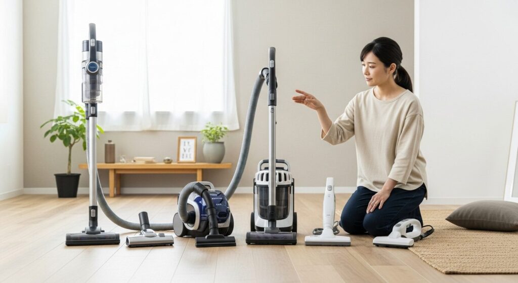 ライフスタイルに合った掃除機を選ぶために様々な種類の掃除機を並べて検討している様子