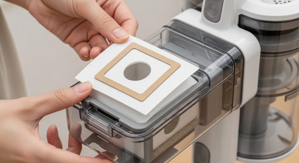 紙パック式掃除機の紙パックを交換している手元のアップ