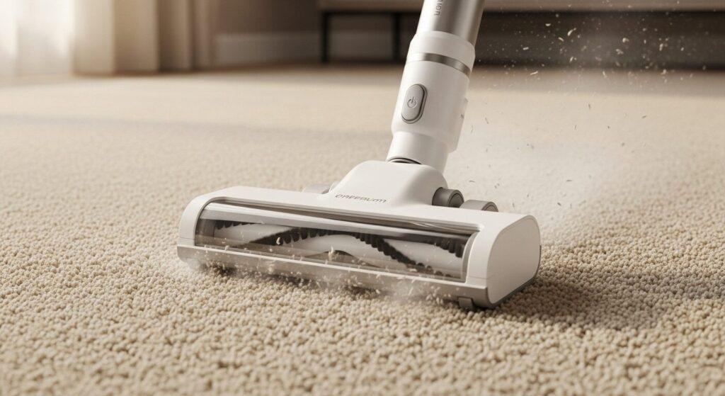 強力な吸引力でカーペットのゴミを吸い取っている高性能掃除機のヘッド部分