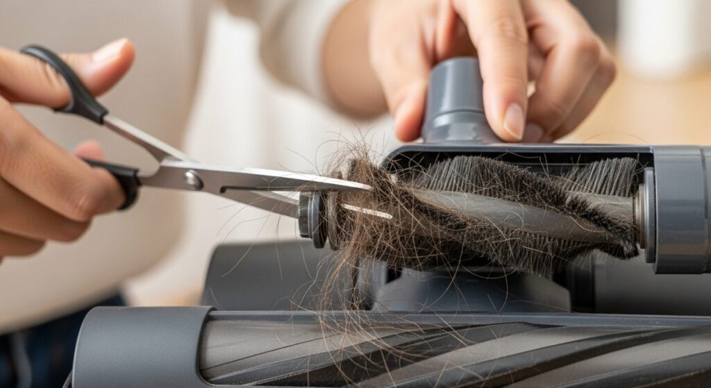 掃除機の回転ブラシに絡まった髪の毛をハサミで取り除いてメンテナンスしている様子