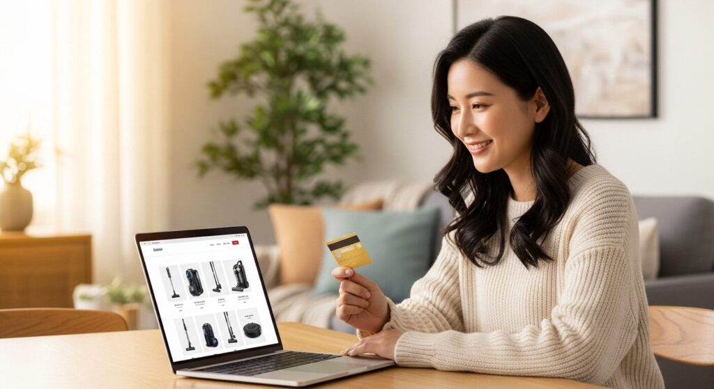 ネット通販で掃除機の価格やランキングをチェックして購入を検討している女性