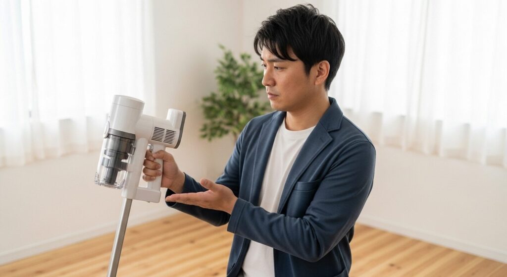アイリスオーヤマ掃除機の評判や口コミを検証するために、実機を手に持ち真剣な表情で確認している日本人男性の様子
