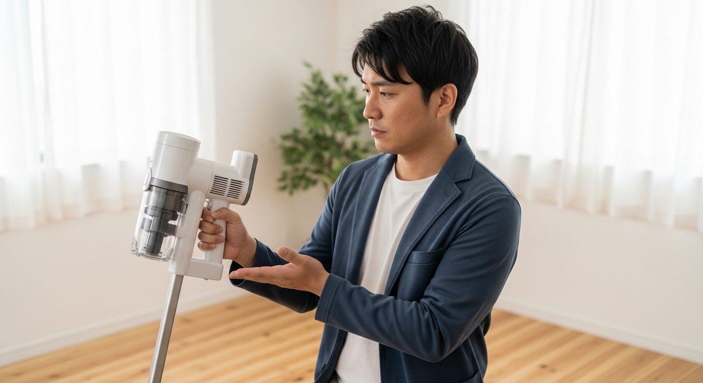 アイリスオーヤマ掃除機の評判や口コミを検証するために、実機を手に持ち真剣な表情で確認している日本人男性の様子