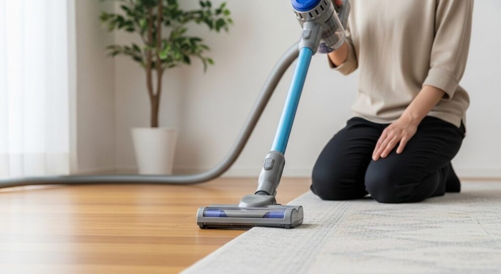 アイリスオーヤマ掃除機が吸わないという評判を検証するため、フローリングとラグの境目を掃除して吸引力を確認している様子