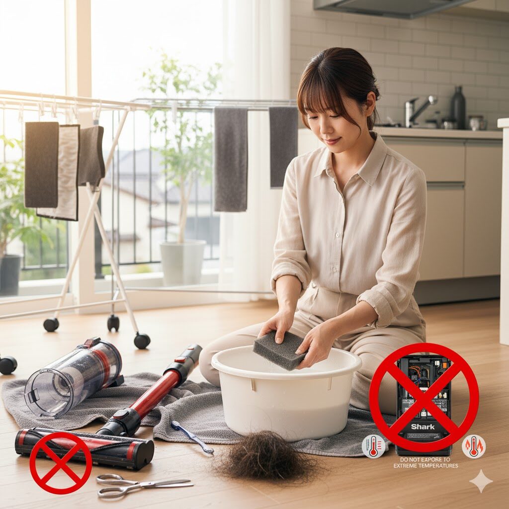 部屋でシャーク掃除機のお手入れをする日本人女性。分解されたブラシロールのそばにはハサミにバツマークがあり、ハサミでの清掃が非推奨であることを示している。