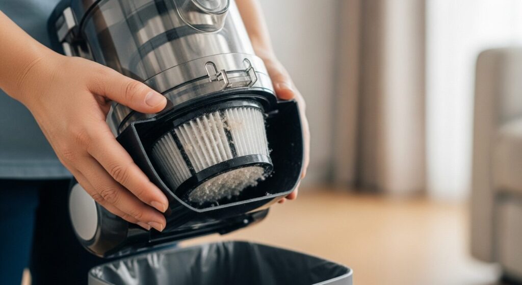 サイクロン掃除機のダストカップを開け、細かいホコリが詰まったフィルターを確認している手元の様子