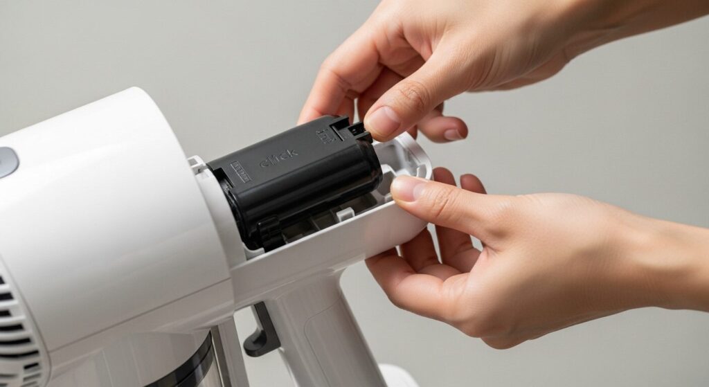 コードレス掃除機のグリップ部分にある着脱式バッテリーカートリッジを交換している手元のアップ