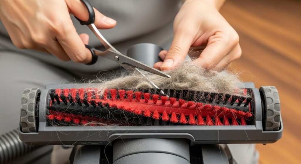 掃除機ヘッドの裏側にある回転ブラシに絡まった髪の毛をハサミで取り除いてメンテナンスしている様子