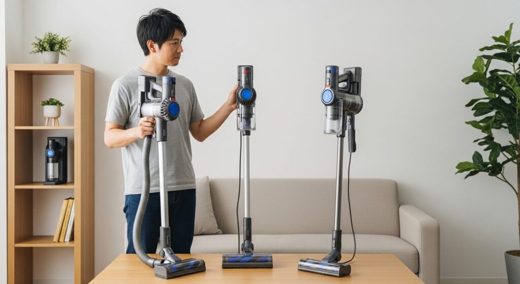 デザインや機能の異なる2種類のスティック掃除機を並べて比較検討している日本人男性