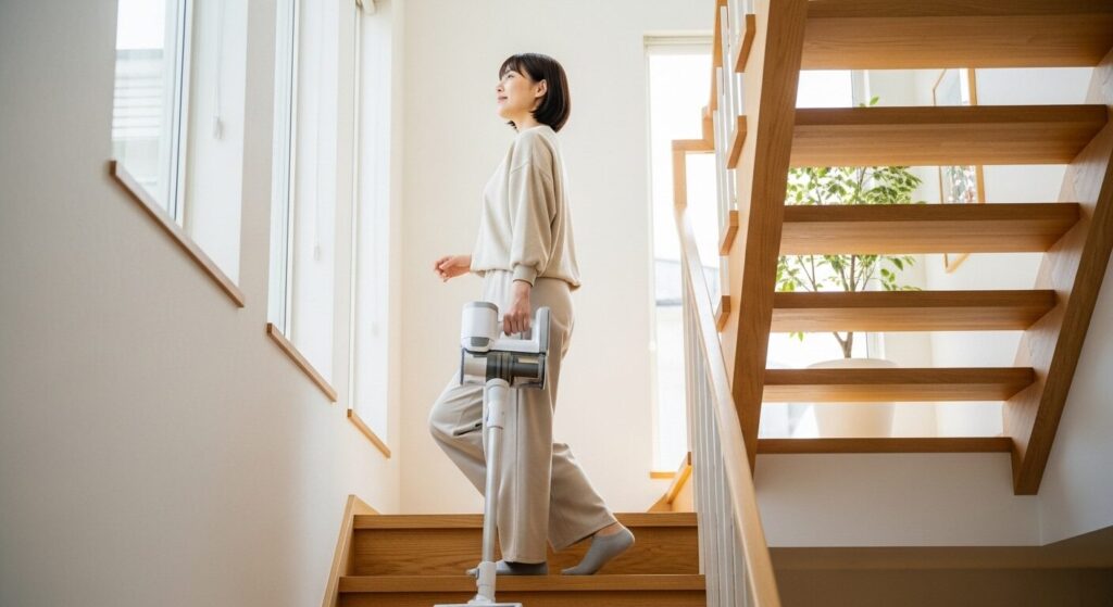 コードレス掃除機を持って家の階段を軽快に上りながら掃除をしている日本人女性