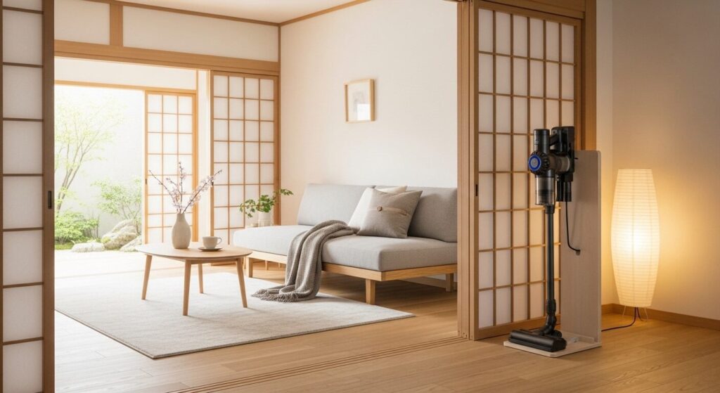 整理整頓されたおしゃれな日本のリビングルームに馴染むように置かれたスティック掃除機