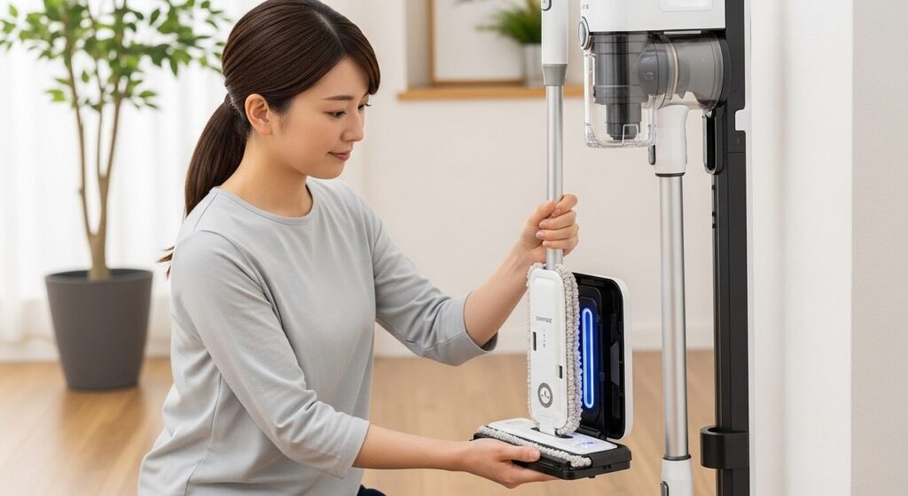 掃除機の充電スタンドにある吸い込み口に静電モップを差し込み、付着したホコリを除去している様子