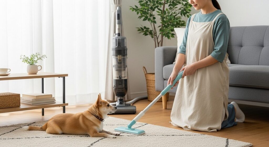 室内犬がいるリビングで、飼い主が静電モップを使って棚のホコリを掃除している様子