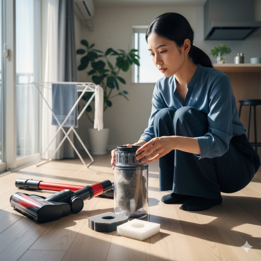 吸引力が落ちたシャーク掃除機のダストカップがいっぱいの状態。日本人女性がそれを見て困っている様子。