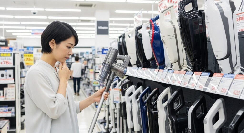 専用スタンドに安定して立てかけられ、アタッチメントと共にすっきりと収納されたスティック掃除機