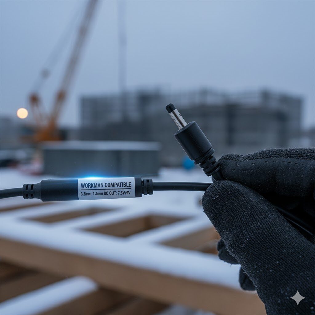 ワークマンのヒーターベストに対応するUSB変換アダプタケーブルを手に持つ作業員。