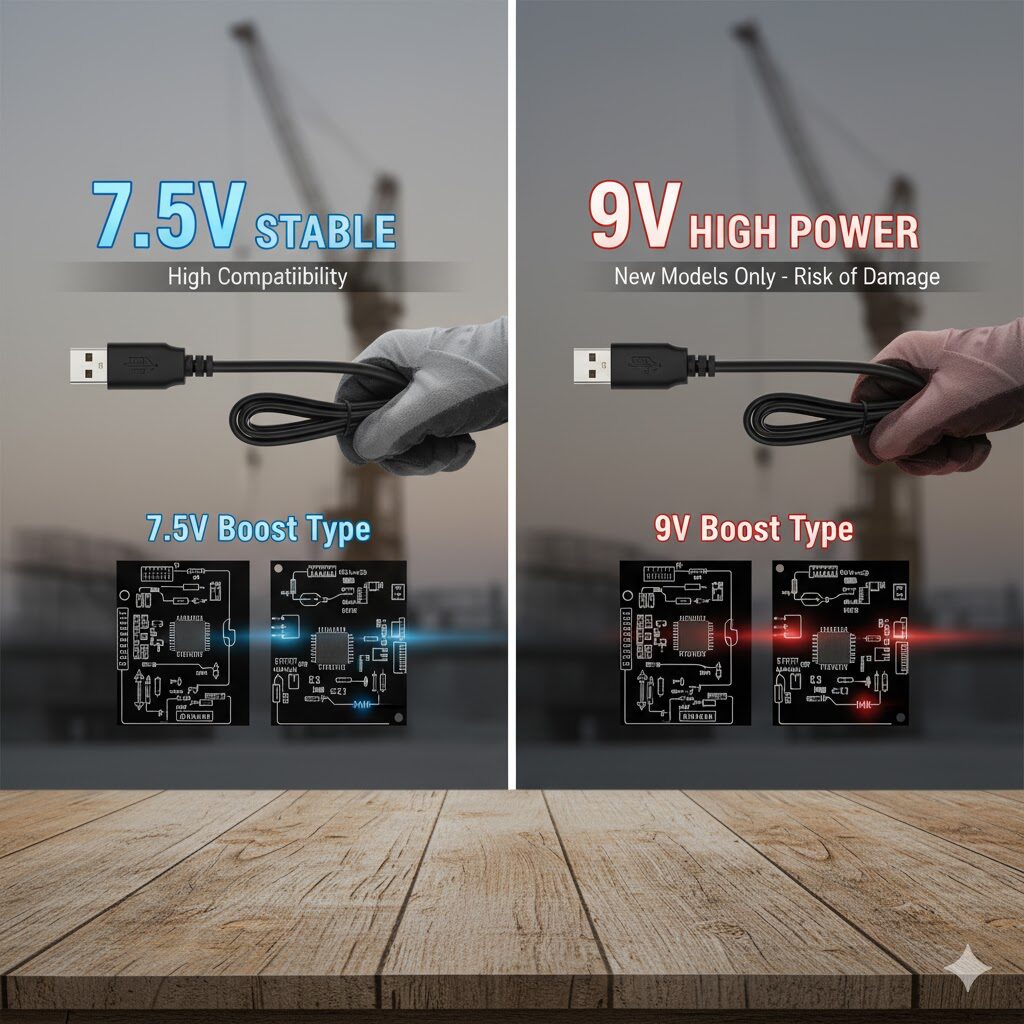 ワークマンヒーターベスト用の7.5V昇圧型と9V昇圧型USB変換アダプタを比較し、それぞれの特徴を説明する図。