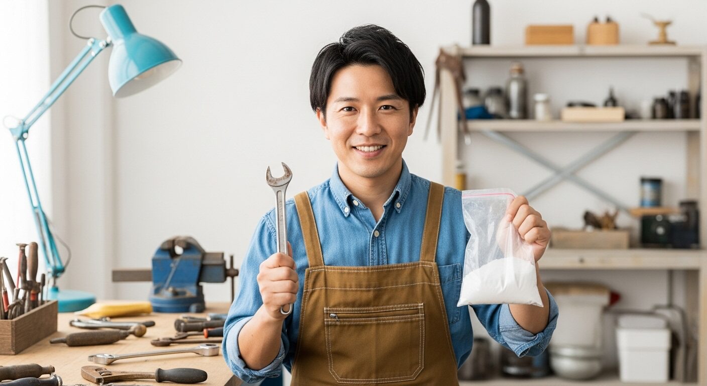 クエン酸を使って錆び取りを行い、ピカピカになった工具を手にする日本人男性とDIY作業場の様子