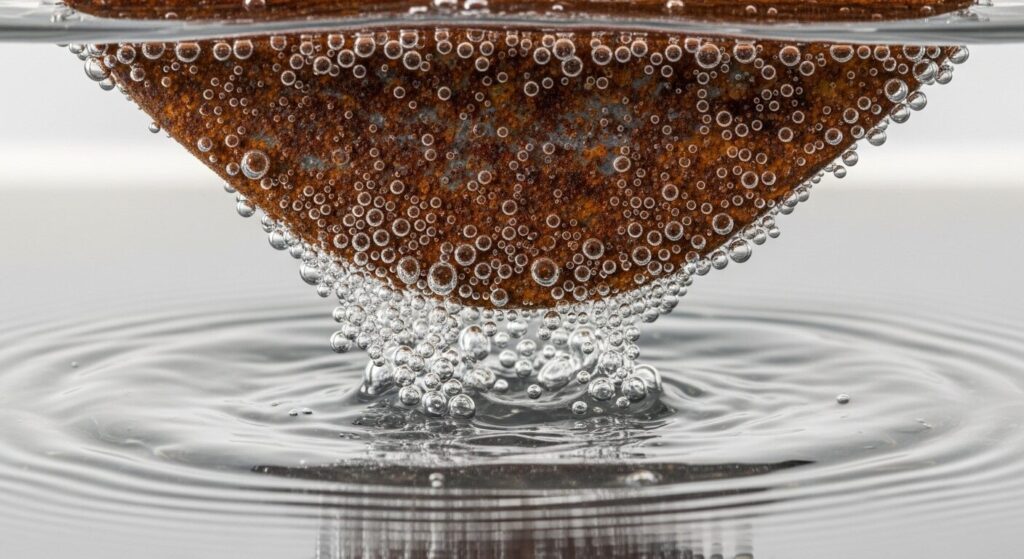 酸性の液体に浸された錆びた金属表面から気泡が発生し、化学反応で錆が分解されている様子のマクロ撮影