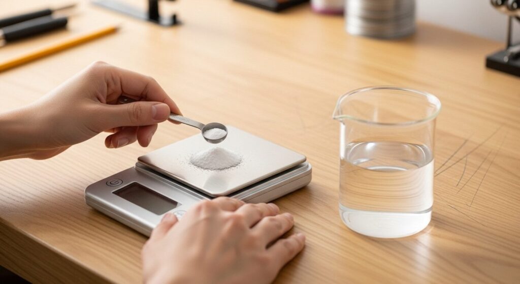 最適な濃度を作るためにデジタルスケールを使ってクエン酸の粉末を正確に計量している手元の様子