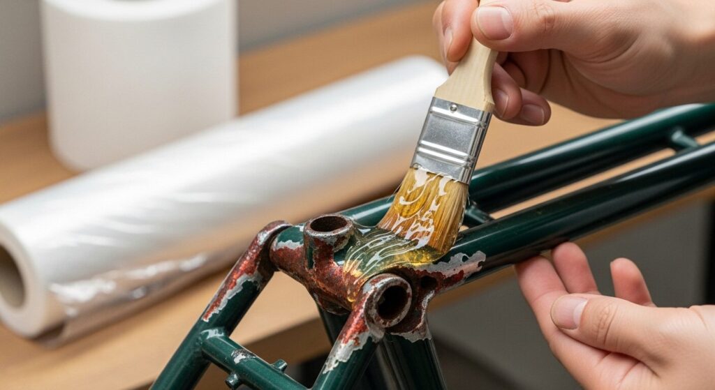 自転車フレームの錆びた部分に特製のクエン酸ジェルを塗り、パックの準備をしている様子