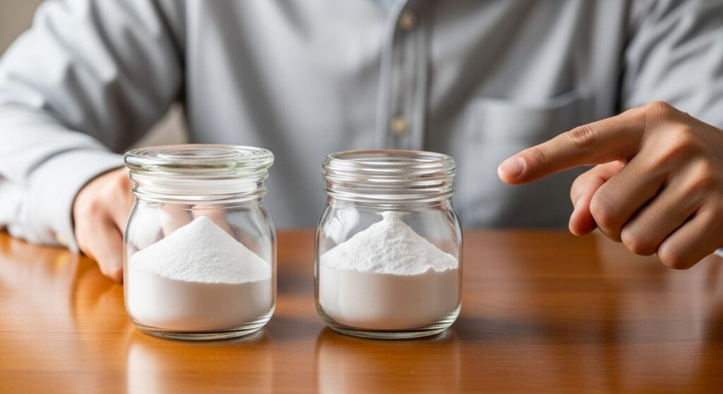 クエン酸と重曹が別々の容器に入っており、混ぜずに使い分けることを示唆する配置